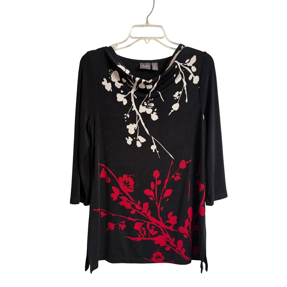 Chicos Travelers Black Red White Floral Cowl Neck 3/4 Sleeve Top Size 0 S